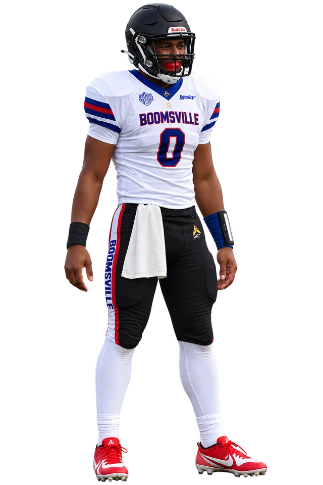 Quarterback in a white Boomsville jersey, number 0